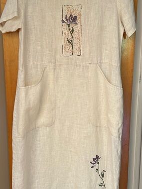 Women’s Cream Linen Midi Dress with painted Purple Floral